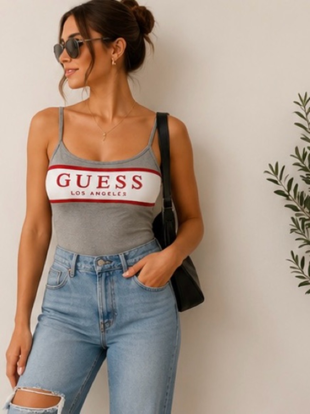 GUESS Los Angeles Gray Logo Bodysuit Tank Top Medium Y2K Stretch Cami